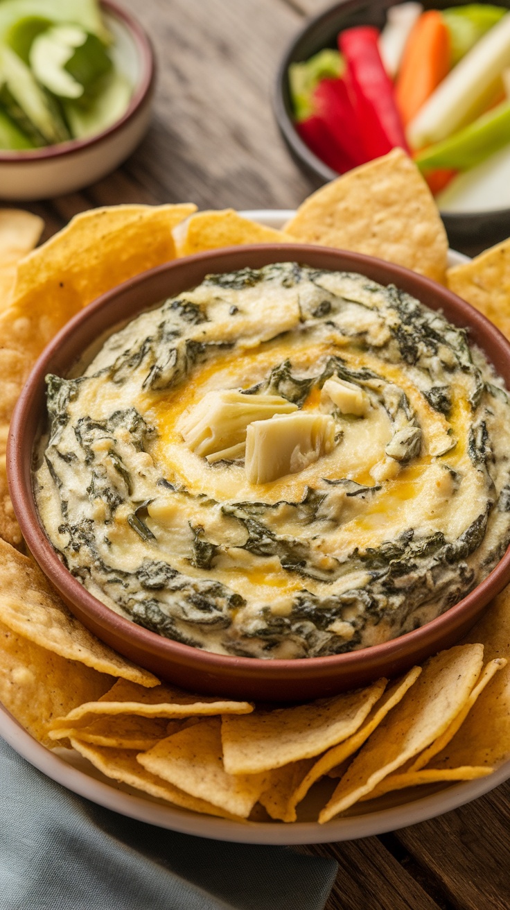 Creamy Spinach Artichoke Dip in a bowl with tortilla chips, surrounded by fresh vegetables on a wooden table.